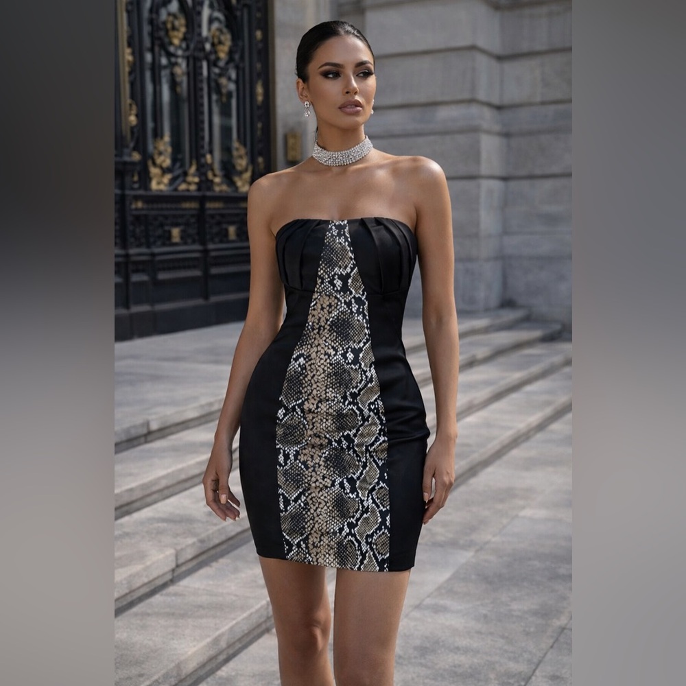 Karen Millen Black Snake Print Strapless Bodycon Dress